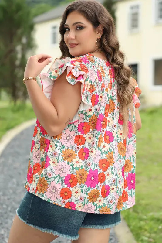 Floral ruffle sleeve plus size blouse - size/plus tops/plus blouses & shirts