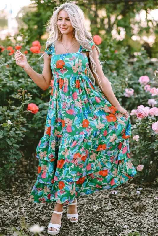 Pink floral ruffle tiered maxi dress - dresses/floral dresses