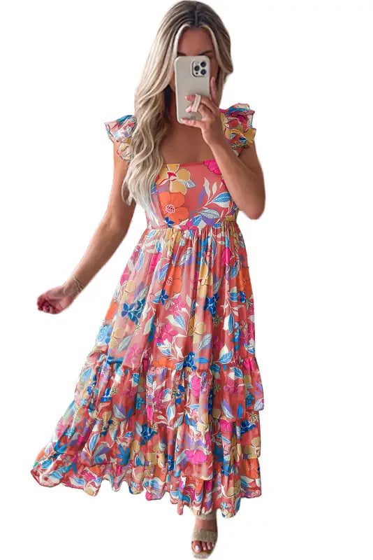 Pink floral ruffle tiered maxi dress - dresses/floral dresses