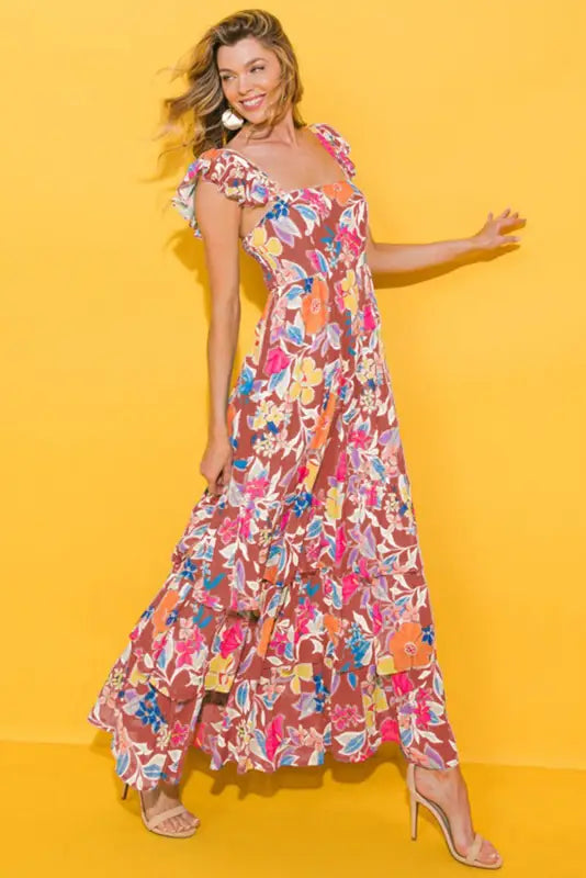 Pink floral ruffle tiered maxi dress - dresses/floral dresses