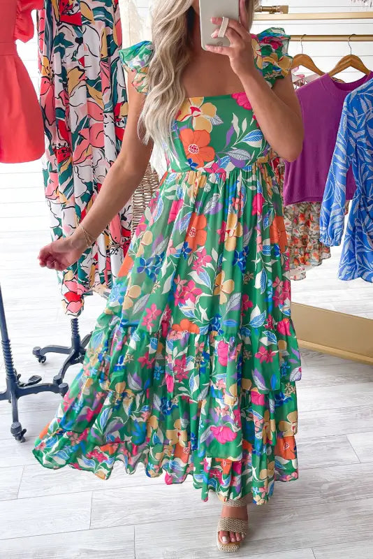 Pink floral ruffle tiered maxi dress - green / s / 100% polyester - dresses/floral dresses