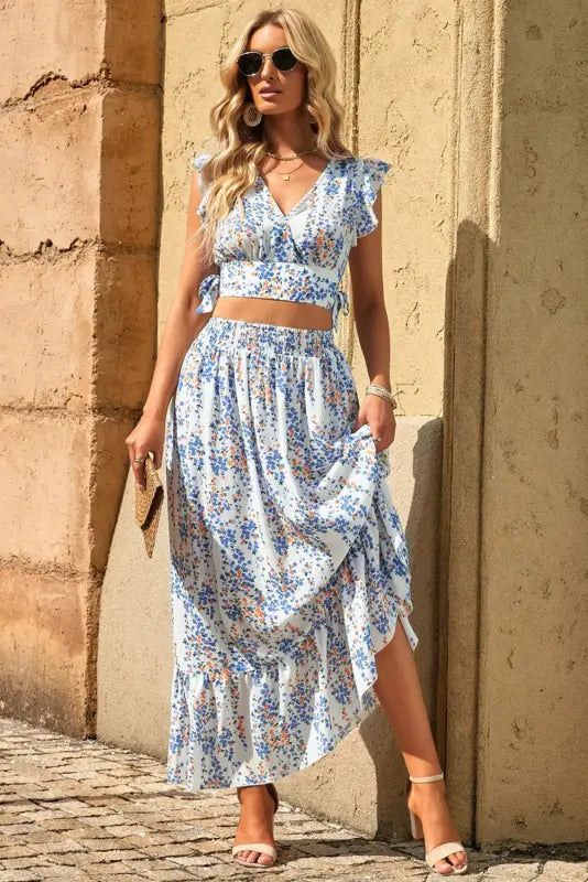 Floral ruffled crop top and maxi skirt set - two piece skirts