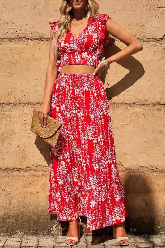 Floral ruffled crop top and maxi skirt set - two piece skirts