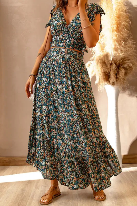 Floral ruffled crop top and maxi skirt set - two piece skirts