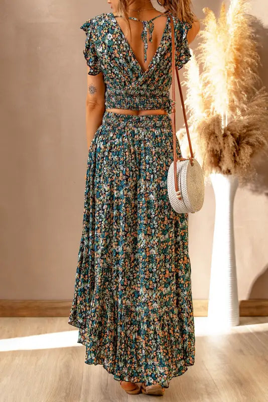 Floral ruffled crop top and maxi skirt set - two piece skirts