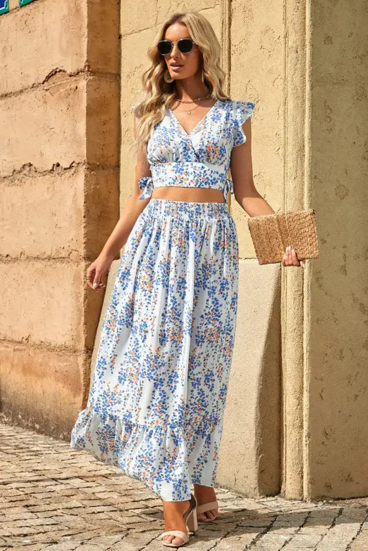 Floral ruffled crop top and maxi skirt set - two piece skirts