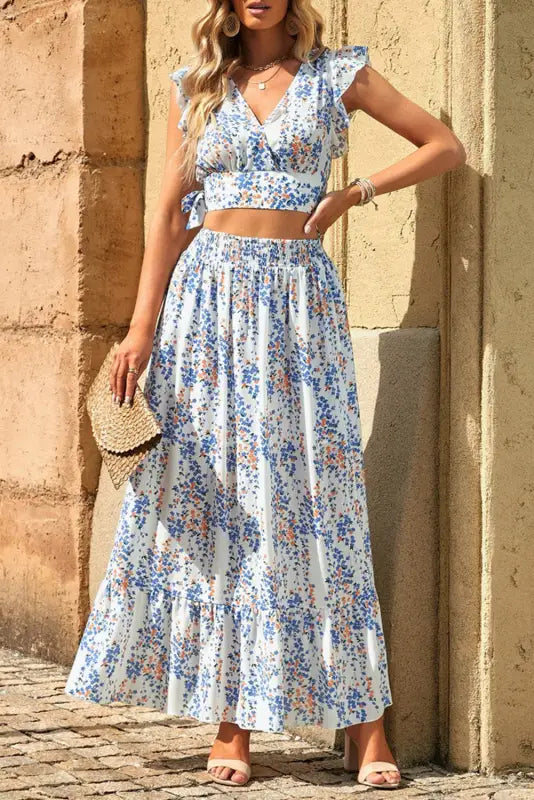 Floral ruffled crop top and maxi skirt set - two piece skirts