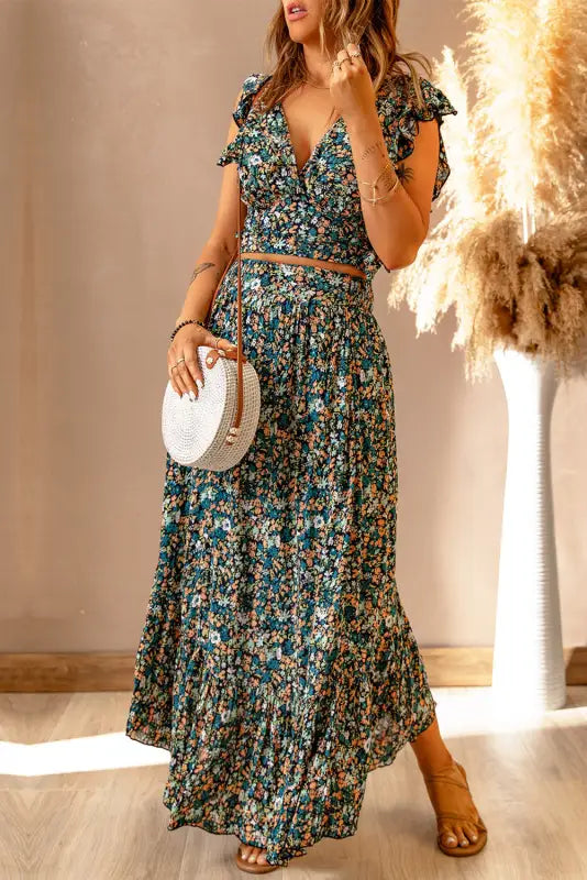 Floral ruffled crop top and maxi skirt set - two piece skirts