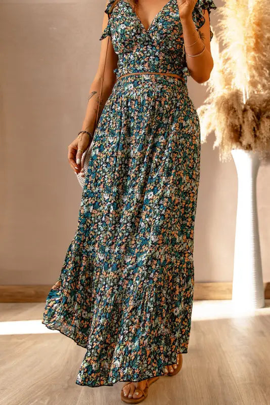 Floral ruffled crop top and maxi skirt set - two piece skirts