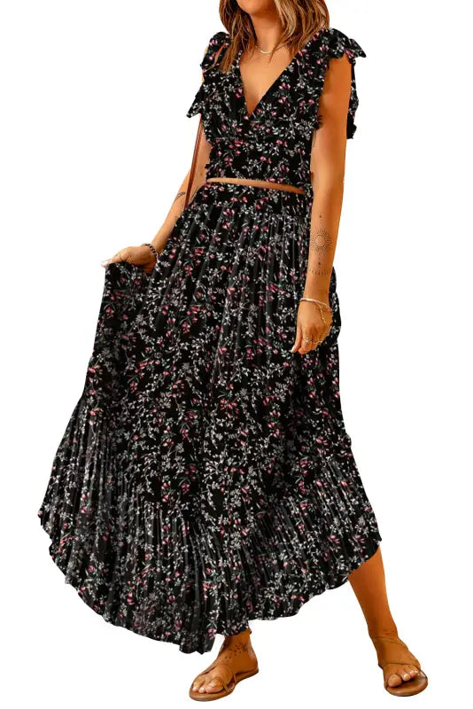 Floral ruffled crop top and maxi skirt set - two piece skirts