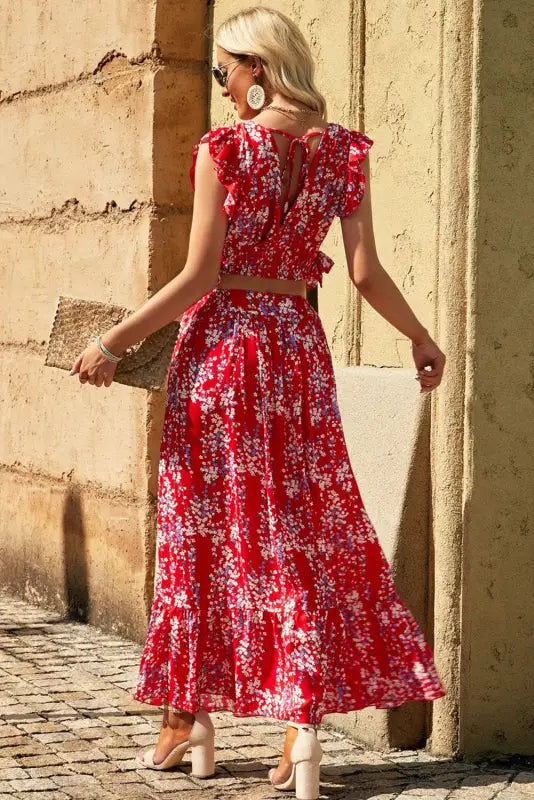 Floral ruffled crop top and maxi skirt set - two piece skirts