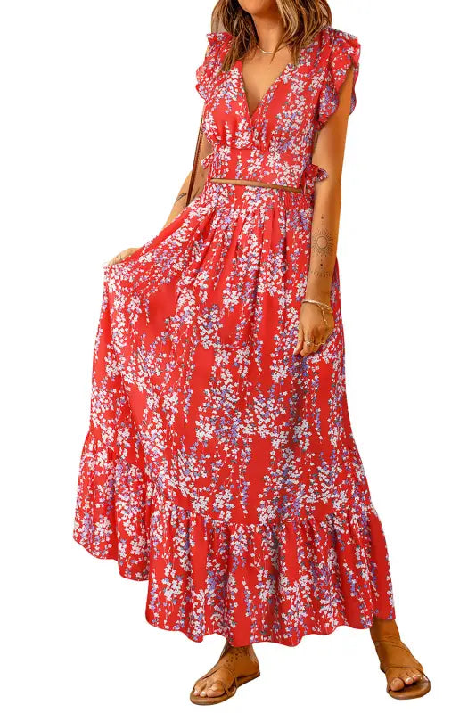 Floral ruffled crop top and maxi skirt set - two piece skirts