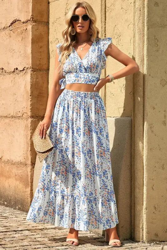 Floral ruffled crop top and maxi skirt set - two piece skirts