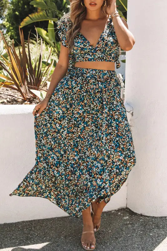 Floral ruffled crop top and maxi skirt set - two piece skirts