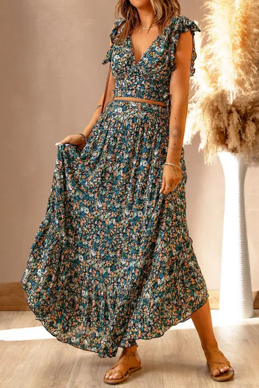 Floral ruffled crop top and maxi skirt set - multicolor / s / 100% polyester - two piece skirts