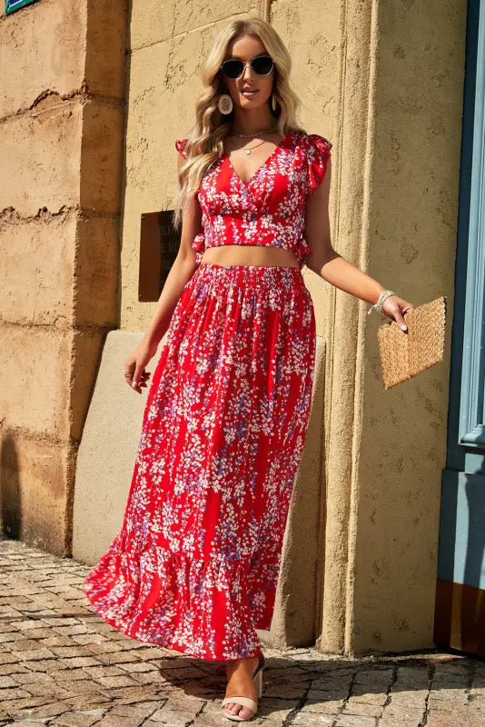 Floral ruffled crop top and maxi skirt set - two piece skirts