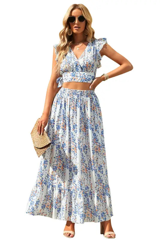 Floral ruffled crop top and maxi skirt set - two piece skirts