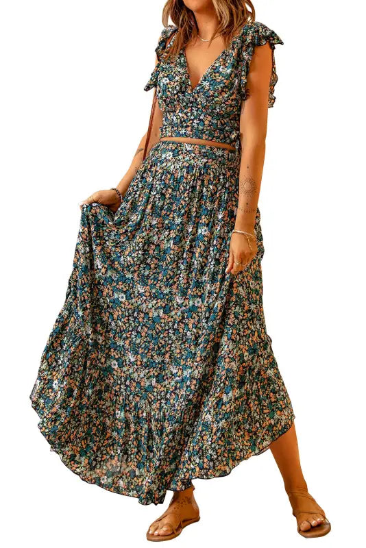 Floral ruffled crop top and maxi skirt set - two piece skirts