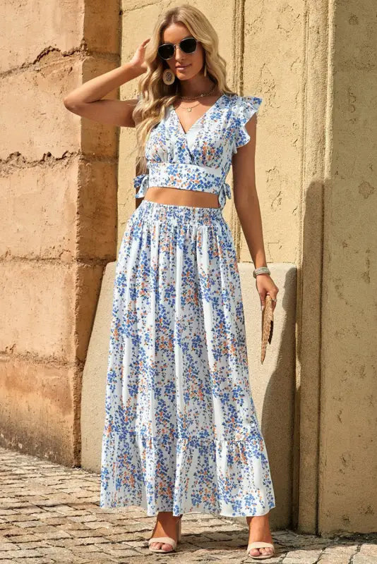 Floral ruffled crop top and maxi skirt set - two piece skirts