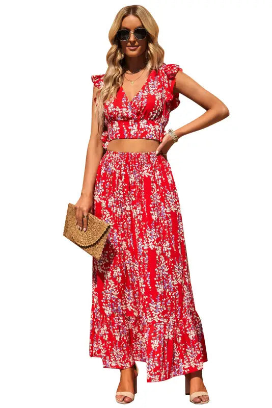 Floral ruffled crop top and maxi skirt set - two piece skirts