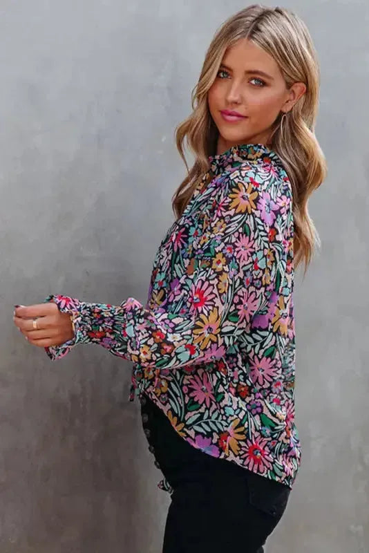Floral Ruffled Sleeve V-Neck Blouse - Fashionfitz