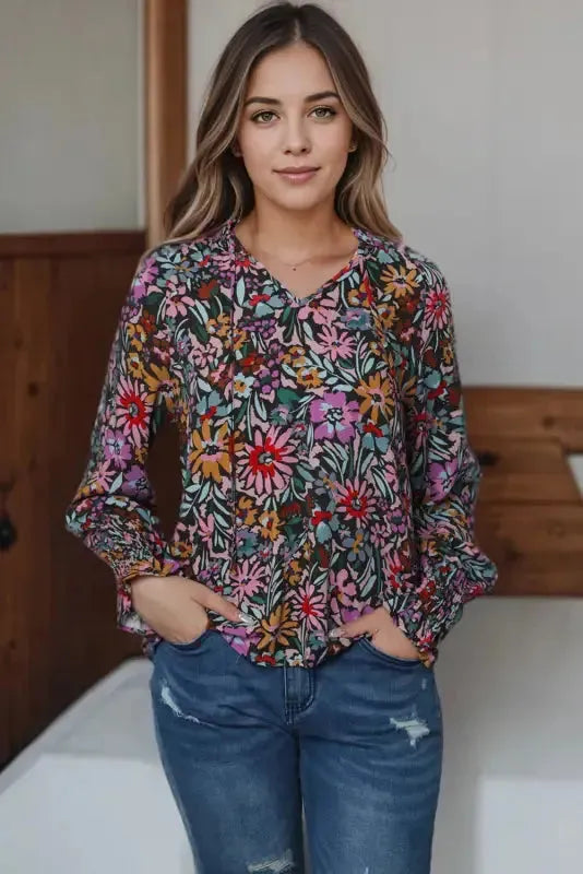 Floral Ruffled Sleeve V-Neck Blouse - Fashionfitz