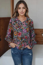 Floral Ruffled Sleeve V-Neck Blouse - Fashionfitz