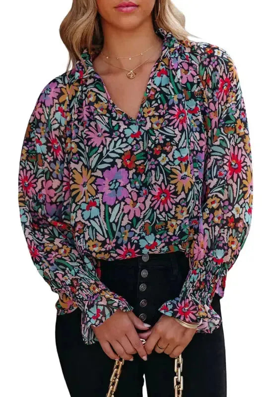 Floral Ruffled Sleeve V-Neck Blouse - Fashionfitz