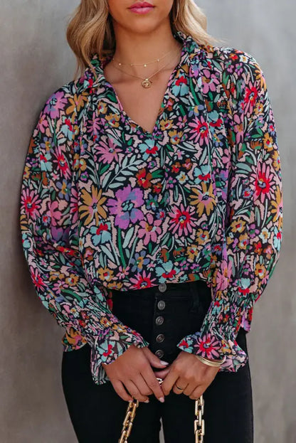 Floral ruffled sleeve v-neck blouse - multicolor / s / 100% viscose - blouses