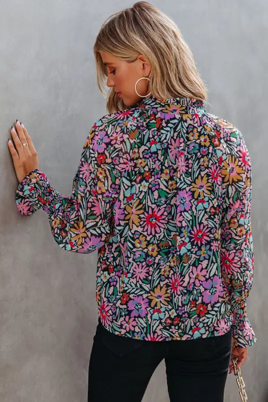 Floral ruffled sleeve v-neck blouse - blouses