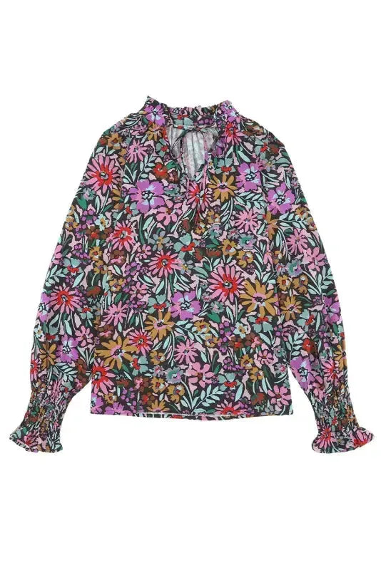 Floral Ruffled Sleeve V-Neck Blouse - Fashionfitz