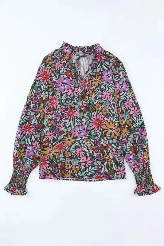 Floral Ruffled Sleeve V-Neck Blouse - Fashionfitz