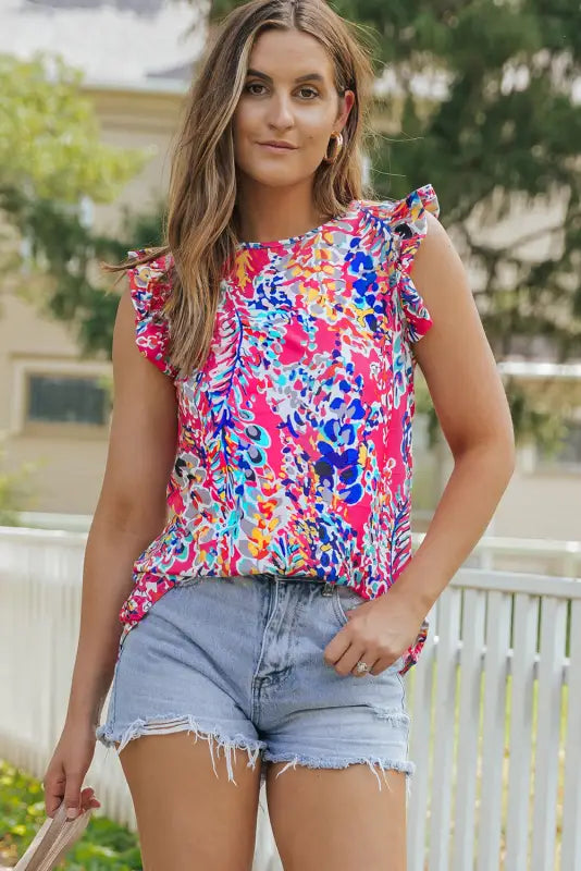 Blue floral ruffled tank top - tops