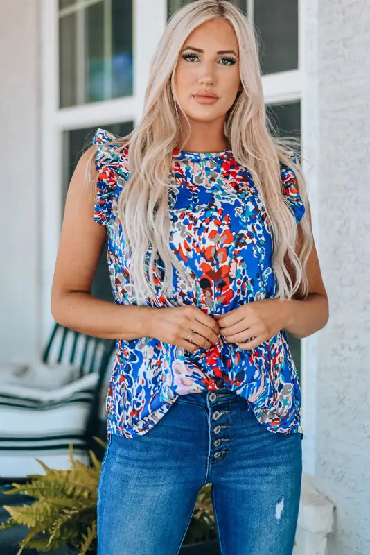 Blue floral ruffled tank top - tops