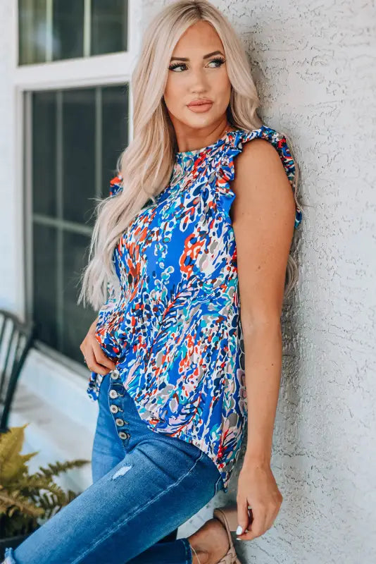 Blue floral ruffled tank top - tops