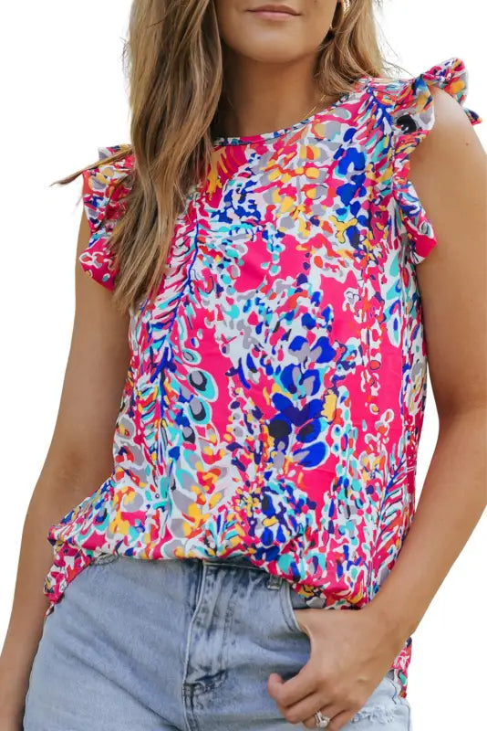 Blue floral ruffled tank top - tops