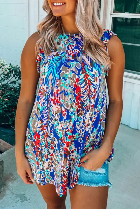 Blue floral ruffled tank top - tops