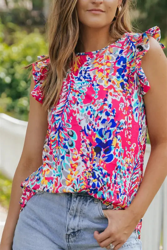 Blue floral ruffled tank top - tops