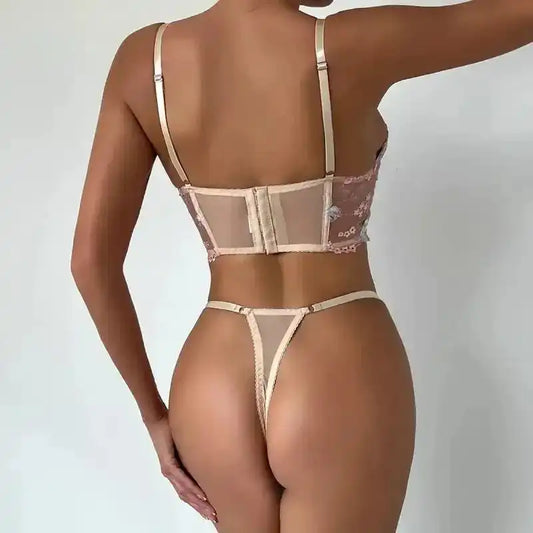 Floral Sheer Bustier Corset Set - Fashionfitz