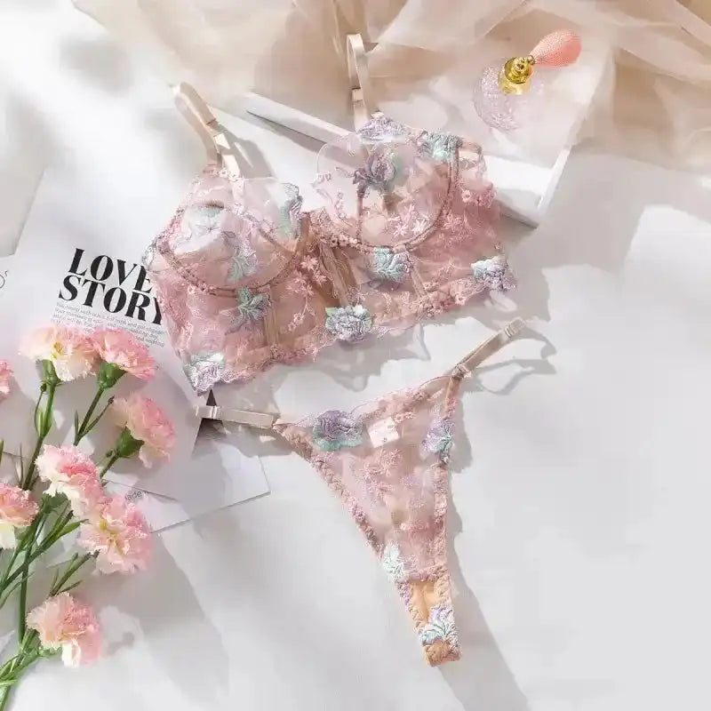 Floral Sheer Bustier Corset Set - Fashionfitz