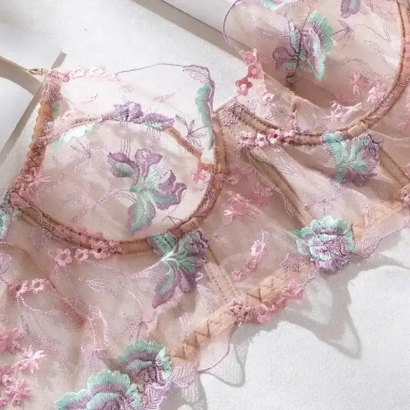 Floral Sheer Bustier Corset Set - Fashionfitz