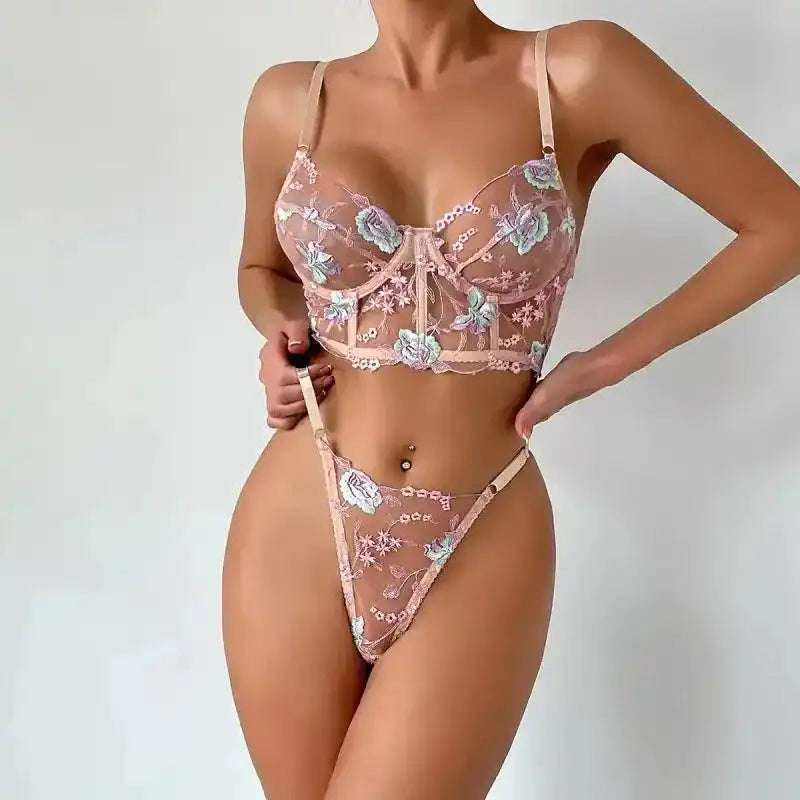Floral Sheer Bustier Corset Set - Fashionfitz