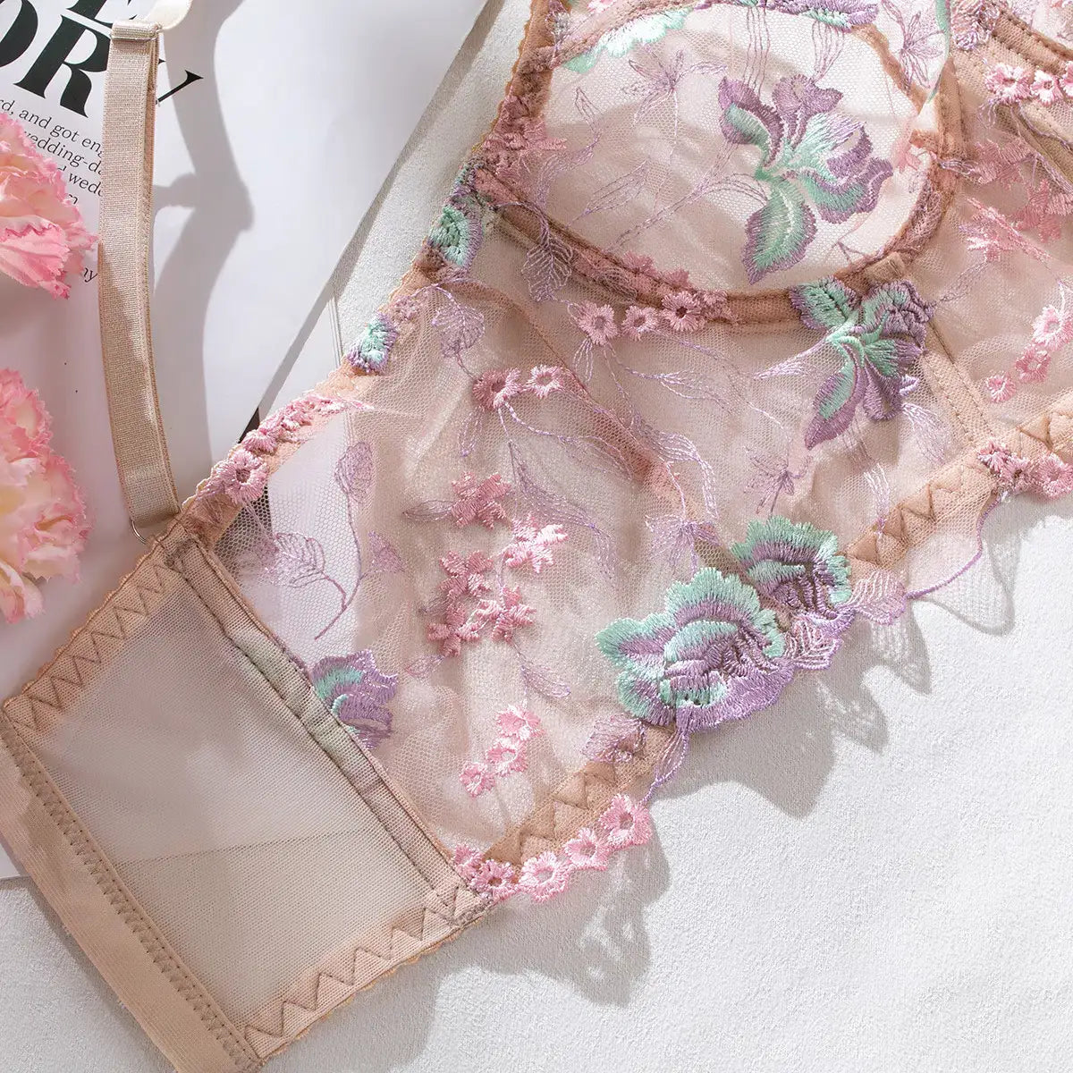 Floral sheer bustier corset set - sets