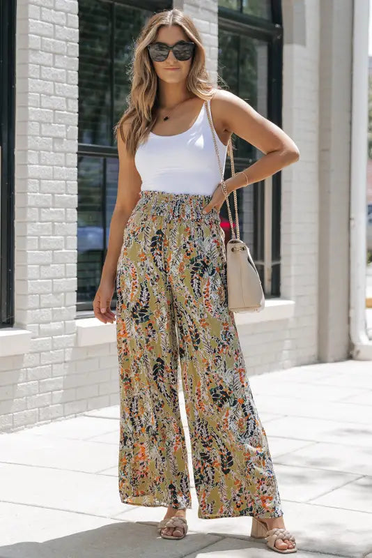 Floral shirred wide leg casual pants