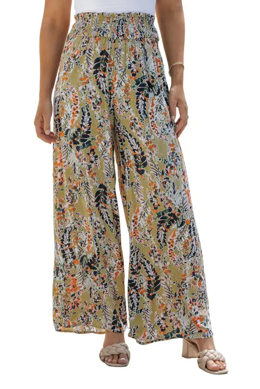 Floral shirred wide leg casual pants