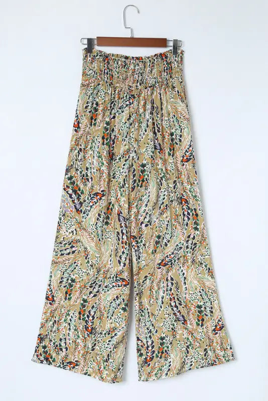 Floral shirred wide leg casual pants