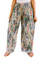 Floral shirred wide leg casual pants