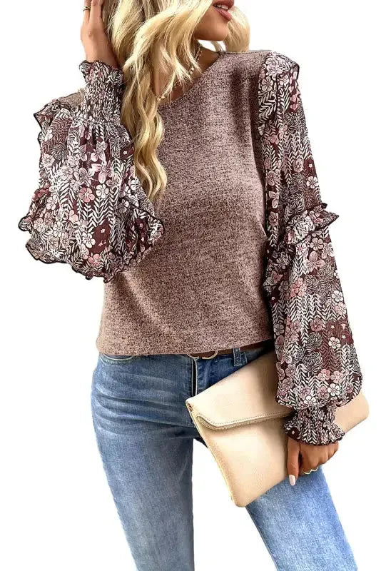Floral Sleeve Crew Neck Blouse - Fashionfitz