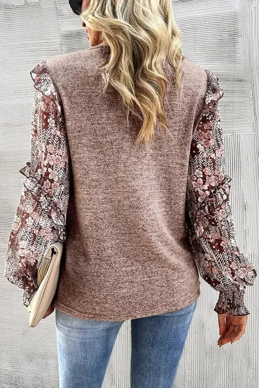 Floral Sleeve Crew Neck Blouse - Fashionfitz