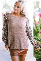 Floral Sleeve Crew Neck Blouse - Fashionfitz
